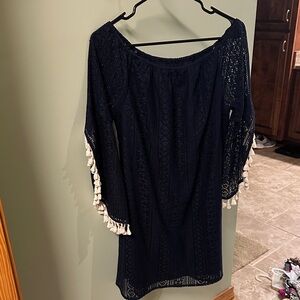 Navy Crochet Dress with Tassel Trim